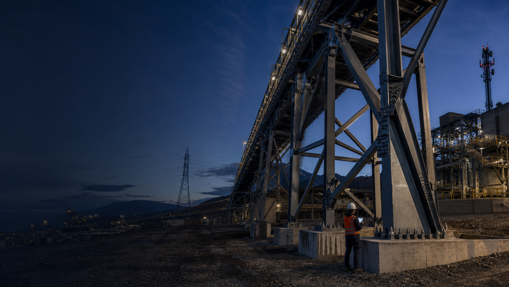 Estructura industrial de acero con arriostramientos y conexiones apernadas